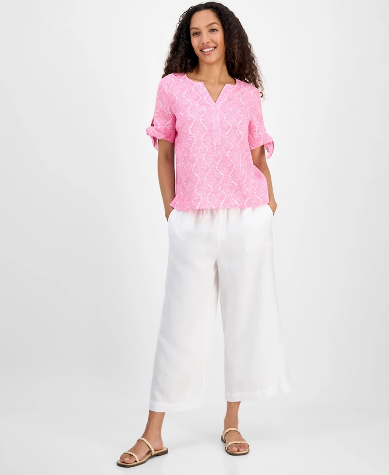 Charter Club Women's 100% Linen Printed Tie-Cuff Blouse, Exclusively at Macy's
