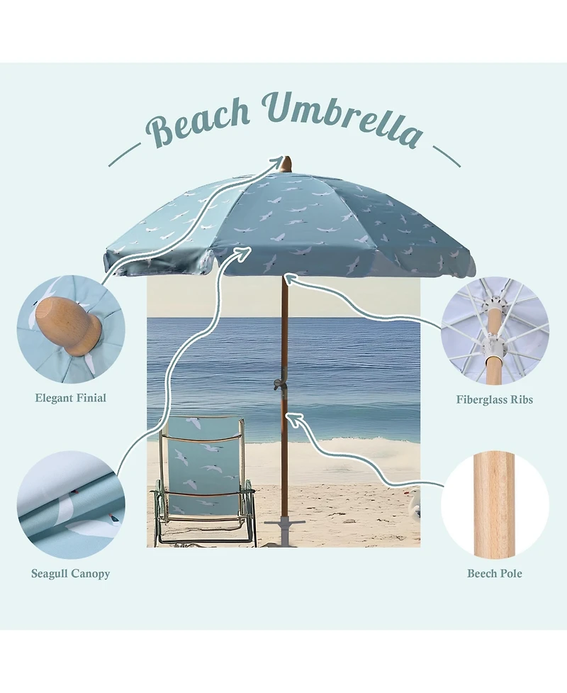 LAGarden Our Beach Portable Umbrella for Sand Beech Wood Pole Carry Bag with Printed Seagull Cute Garden Parasol
