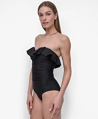 Dkny Women's Ruffle-Bandeau-Neck Tummy Control One Piece Swimsuit