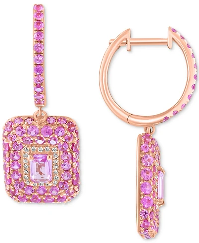 Effy Pink Sapphire (3-1/20 ct. t.w.) & Diamond (1/10 ct. t.w.) Octagon Halo 18" Dangle Hoop Earrings in 14k Rose Gold