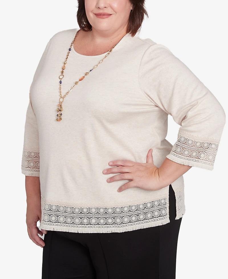 Alfred Dunner Plus Summer Solstice Lace Trimmed Knit Top with Necklace