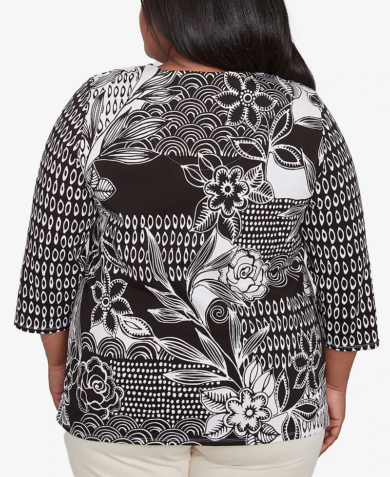 Alfred Dunner Plus Size Natural Instinct Monotone Patch Beaded Split Neck Top