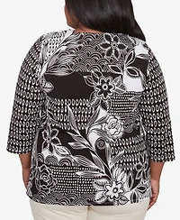 Alfred Dunner Plus Size Natural Instinct Monotone Patch Beaded Split Neck Top