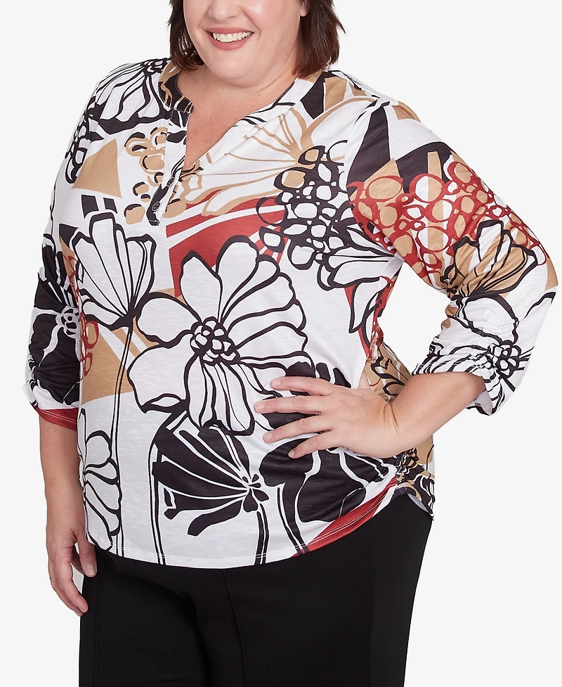 Alfred Dunner Plus Natural Instinct Bold Floral Illustrated Henley Top