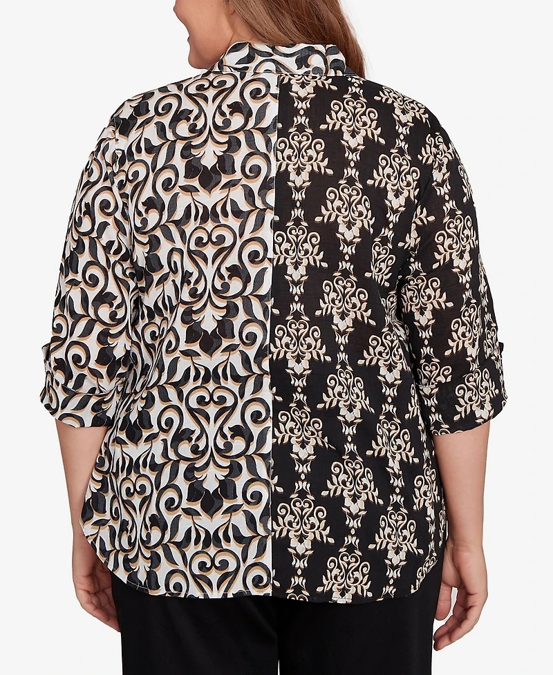 Alfred Dunner Plus Natural Instinct Medallion Twin Print Button Front Top