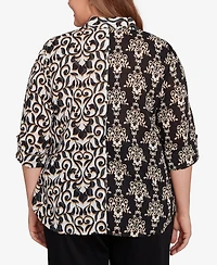 Alfred Dunner Plus Natural Instinct Medallion Twin Print Button Front Top