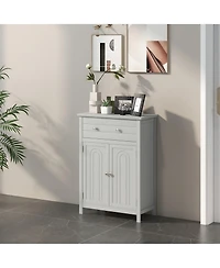 Gymax Bathroom Floor Cabinet Wooden Storage Organizer with Drawer & Doors Blcak