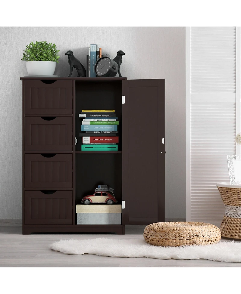 Gymax Bathroom Floor Cabinet Storage Organizer Cupboard w/ 4 Drawers Adjustable Shelf