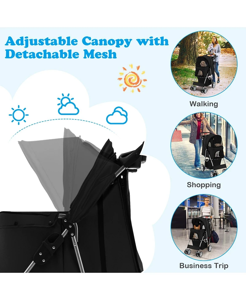 Pet Stroller Folding with Storage Basket and Adjustable Canopy – Easy to Maneuver Dog