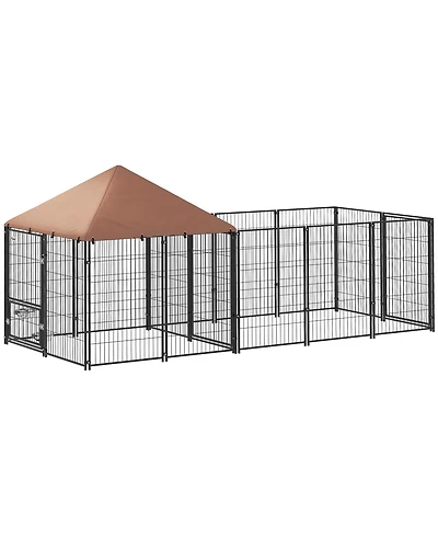 PawHut Dog Kennel Outside with Rotating & Adjustable Height Bowls