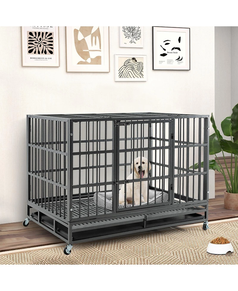Foldable Metal Dog Cage with Lockable Casters and Tray – Heavy-Duty Pet Crate for Home or Travel