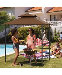 Outdoor Double-Tiered Grill Gazebo Canopy with 2 Shelves and 7 Hooks