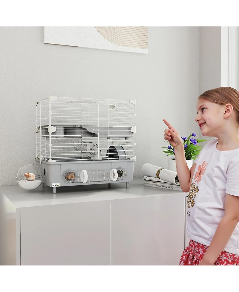 PawHut 2-Tier Hamster Cage, Hamster Habitat with Accessories,