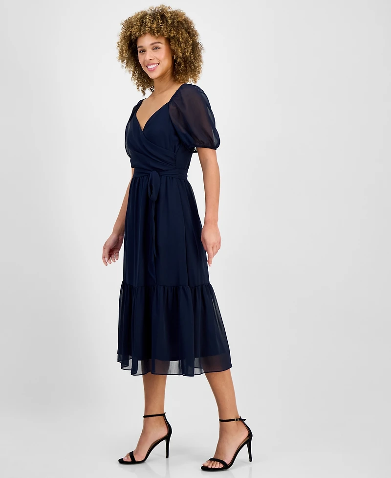 julia jordan Women's Puff-Sleeve Belted Midi Dress