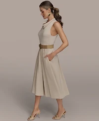Donna Karan New York Women's Mixed-Media Belted Midi Dress