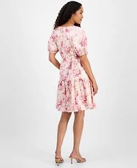 julia jordan Women's Printed Short-Bubble-Sleeve Tie-Waist Dress