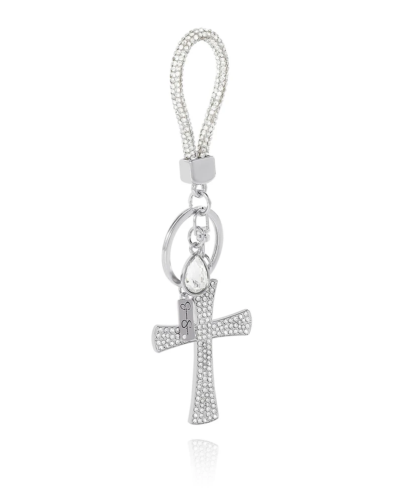 Jessica Simpson Rhinestone Cross Keychain – Elegant Silver-Tone Charm