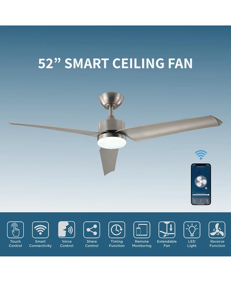 All Seasons 52" Ceiling Fan with Light, Quiet, Alexa/Google, 3 Color Led Lights, Reversible