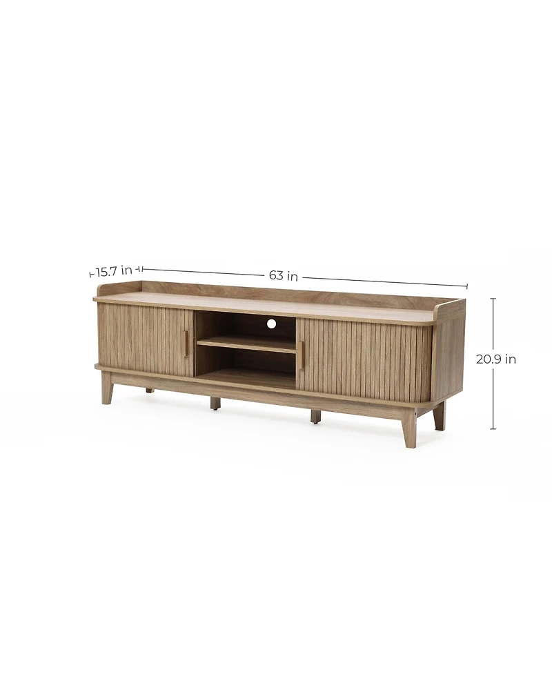LuxenHome Mid-Century Modern Tambour-Style 2-Door 63-Inch Wide Tv Stand with Tray Top, Oak