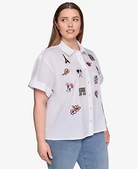 Karl Lagerfeld Paris Plus Cotton Embroidered Camp Shirt