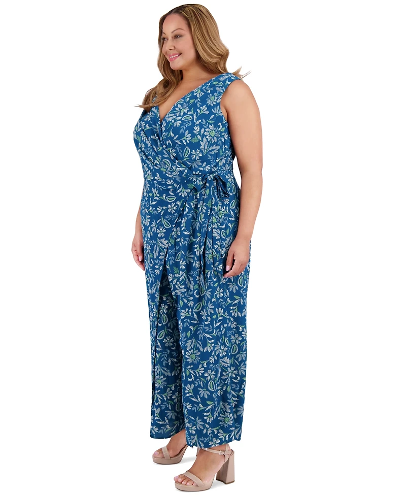 London Times Plus Printed Walk-Through Jumpsuit