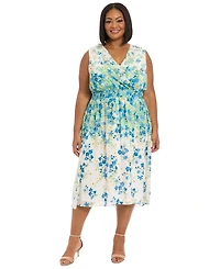 London Times Plus V-Neck Smocked-Waist Midi Dress