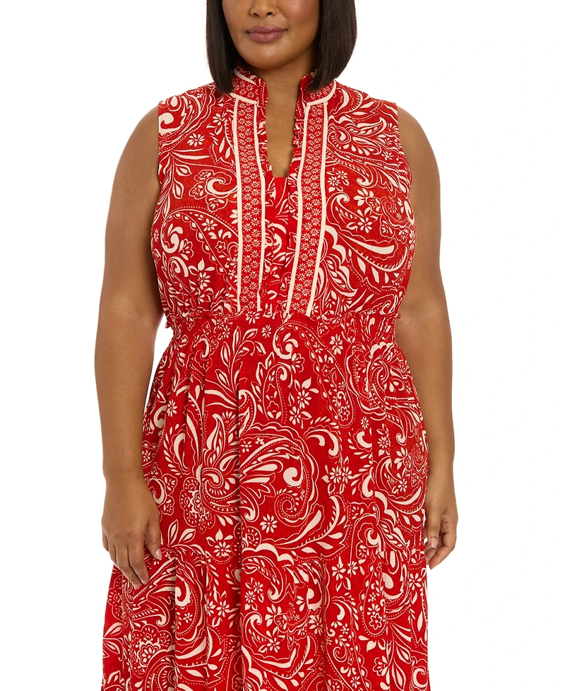 London Times Plus Ruffled-Neck Tiered Maxi Dress