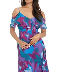 London Times Petite Printed Cold-Shoulder Ruffle Chiffon Dress