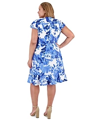 London Times Plus Size V-Neck Side-Ruffle Dress