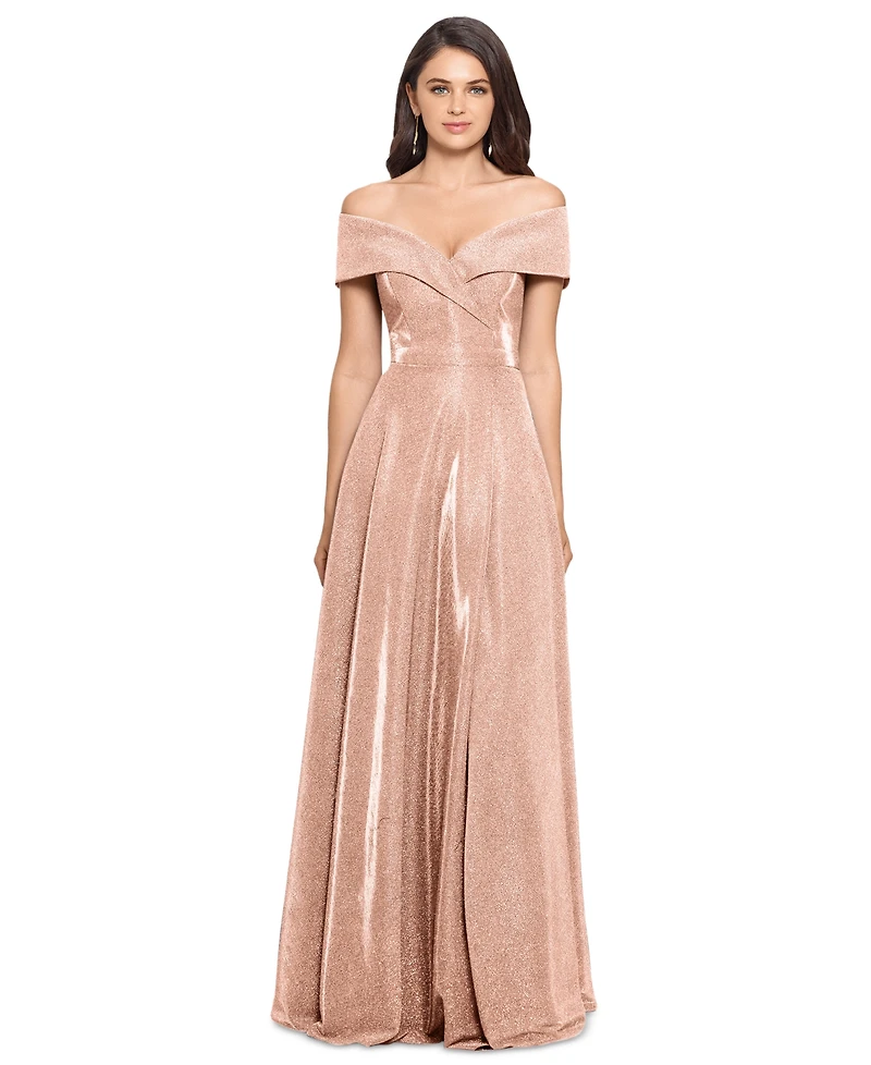 Xscape Petite Off-the-Shoulder Glitter Gown