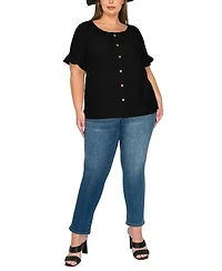Coin 1804 Plus Eyelet Jersey Button Front Ruffle Sleeve Peasant Top