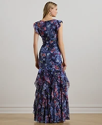 Lauren Ralph Lauren Women's Print Ruffle-Trim Crinkle Georgette Gown