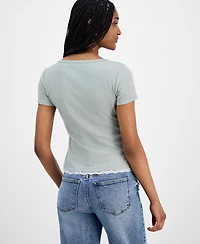 Hippie Rose Juniors' Lace-Trim Layered Henley T-Shirt