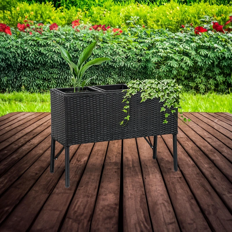 3-Section Wicker Raised Planter Bed for Indoor or Outdoor Use - Black