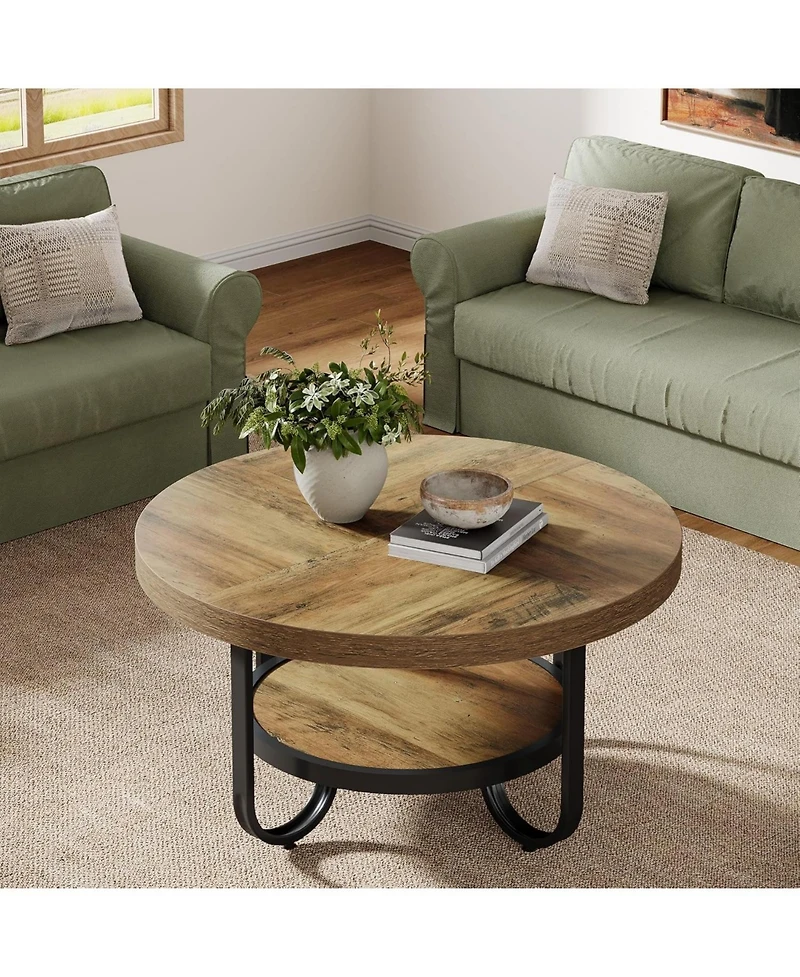 Tribesigns Round Coffee Table for Living Room, 2-Tier Center Table with Storage Shelf, 31.1-Inch Industrial Cocktail Tea Table with Sturdy Curved Meta