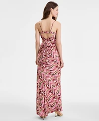 Seni & Cade Juniors' Satin Printed Twist-Front Maxi Dress
