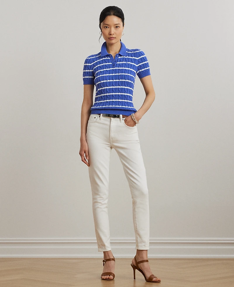 Lauren Ralph Lauren Petite Striped Cable-Knit Cotton Polo Sweater