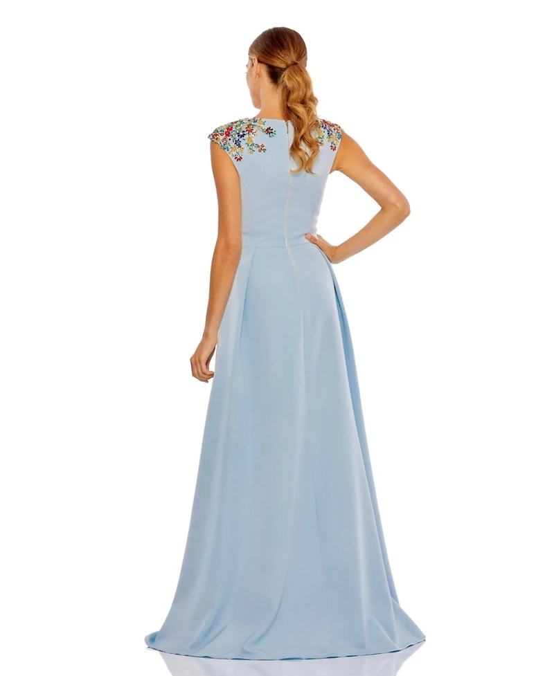 Mac Duggal Women's Beaded Cap Sleeve V Neck A Line Gown