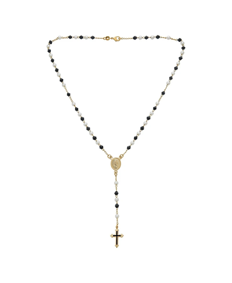Bling Jewelry Dainty Black & White Pearl Virgin Mary Rosary Necklace with Cross Gold Plated