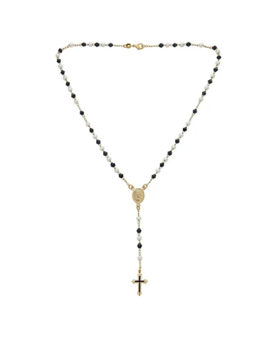 Bling Jewelry Dainty Black & White Pearl Virgin Mary Rosary Necklace with Cross Gold Plated