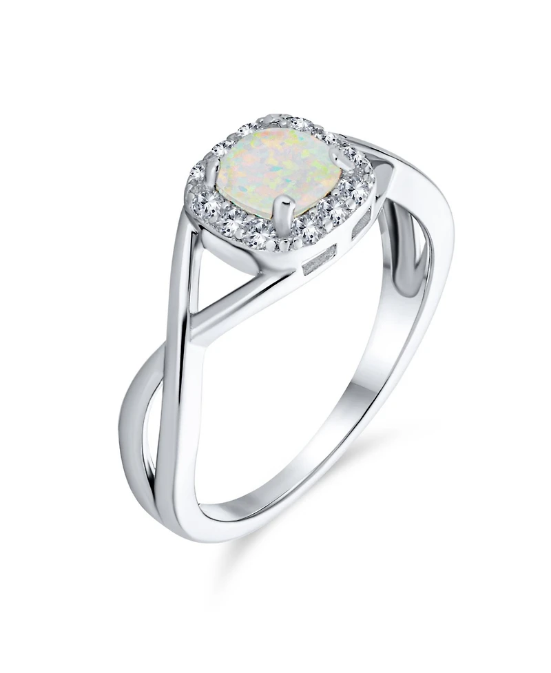 Bling Jewelry Delicate Dainty Pave Cz Halo Circle 1CTW Square Solitaire Created White Opal Promise Ring .925 Sterling Silver