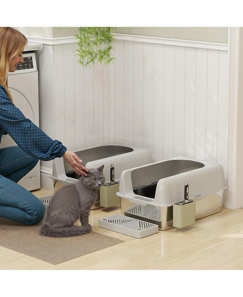 PawHut 2 Pack Stainless Steel Litter Box with Metal Scoop & Scoop Holder