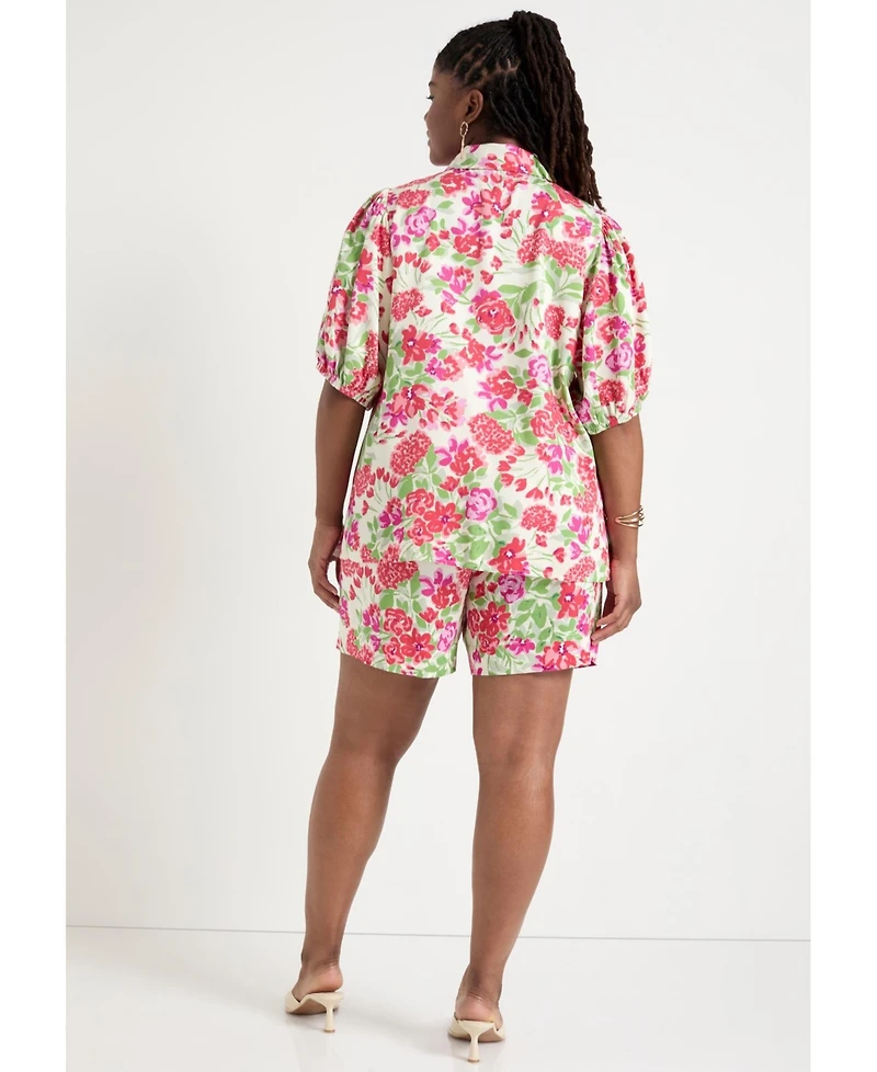 June + Vie Women's Puff-Sleeve Button-Down Blouse