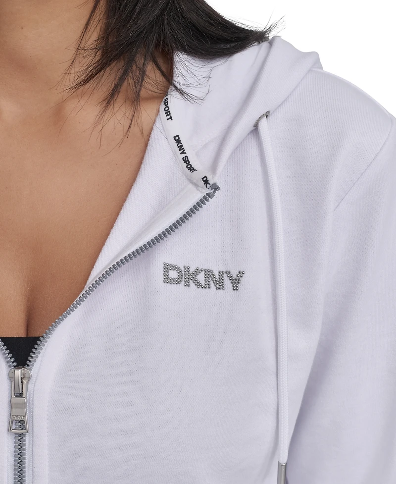 Dkny Sport Women's Cotton-Blend Stud-Logo Full Zip Hoodie