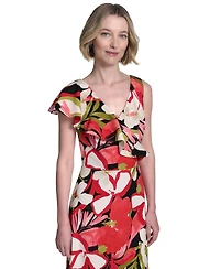 Halston Women's Printed Asymmetric Ruffled Midi Dress