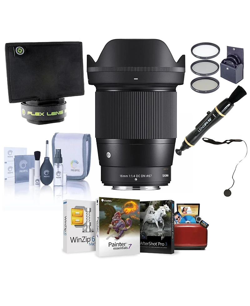 Sigma 16mm f/1.4 Dc Dn Contemporary Lens for Fujifilm X, Bundle with ProOptic 67mm Filter Kit, Cleaning Kit, Cap Keeper, Flex Lens Shade, Lens Cleaner