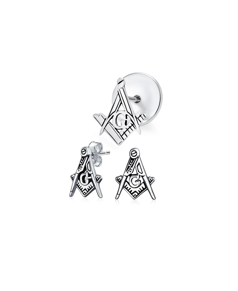 Bling Jewelry Set of 2 Tiny Masonic Freemason Stud Earrings and Brooch Pin Oxidized Silver