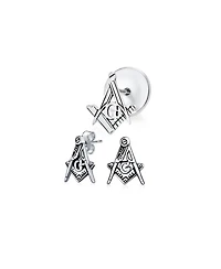 Bling Jewelry Set of 2 Tiny Masonic Freemason Stud Earrings and Brooch Pin Oxidized Silver
