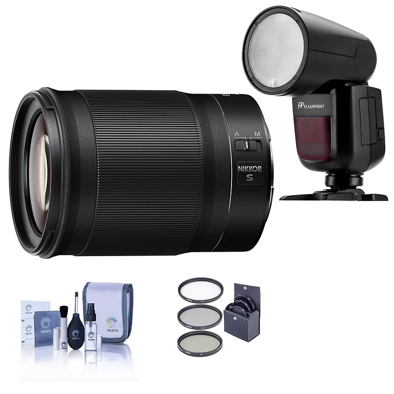Nikon Nikkor Z 85mm f/1.8 S Lens for Nikon Z, Bundle with Flashpoint Zoom Li-on X R2 Ttl On-Camera Round Flash Speedlight, 67mm Filter Kit, Cleaning K