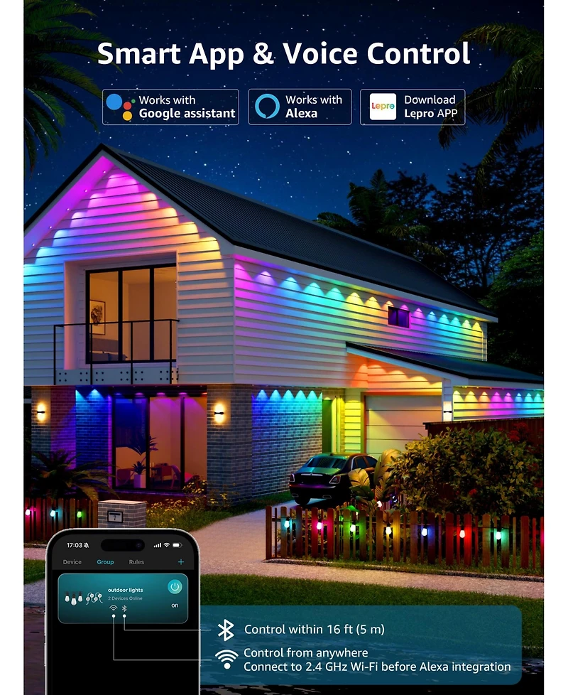 Lepro E1 Ai Permanent Outdoor Lights App Control, 50ft Smart Rgb+Ic Christmas House Lights with 30 Warm/Cool White Led Pucks, Alexa Google Enabled, Ai